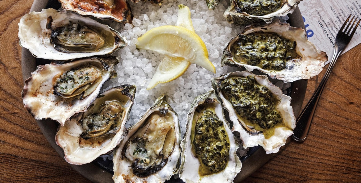 grilled oyster options at Hog Island Oyster Co. in the San Francisco Ferry Building
