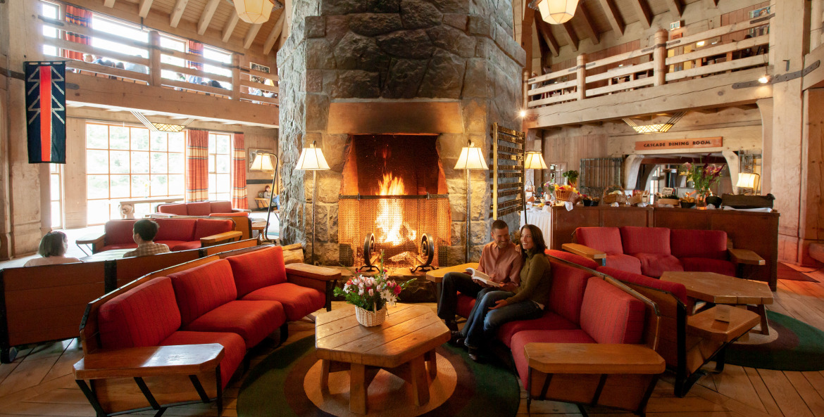fireplace at the historic Timberline Lodge on Mount Hood, Oregon