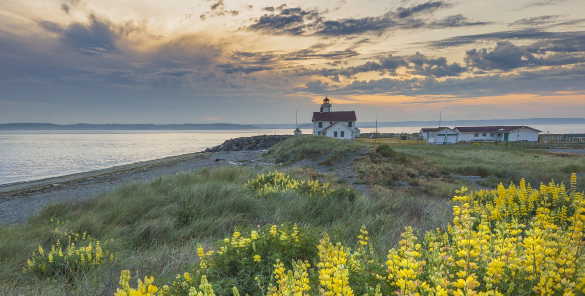 Point Wilson lighthouse at sunset, near Fort Worden Historical State Park, Port Townsend, Washington, picture