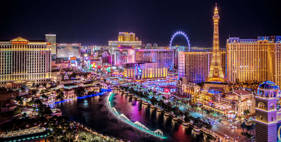 Overlooking the Las Vegas Strip neon lights at night.