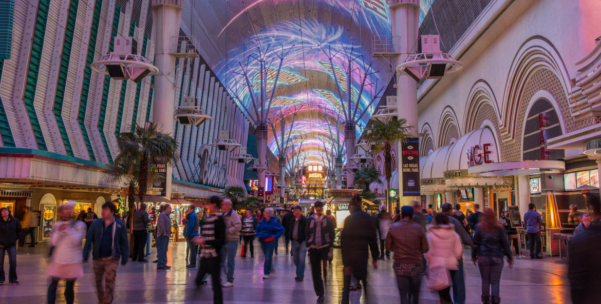 pedestrians stroll under the Fremont Street Experience in Las Vegas, Nevada, picture