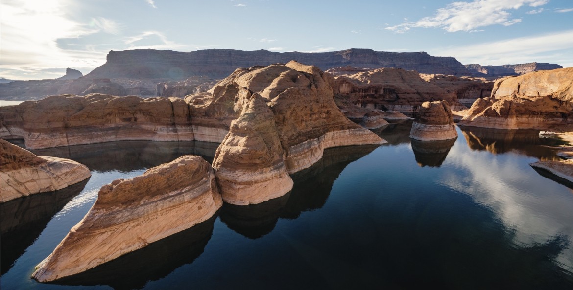 view of the unique rock formations in Lake Powell, Utah