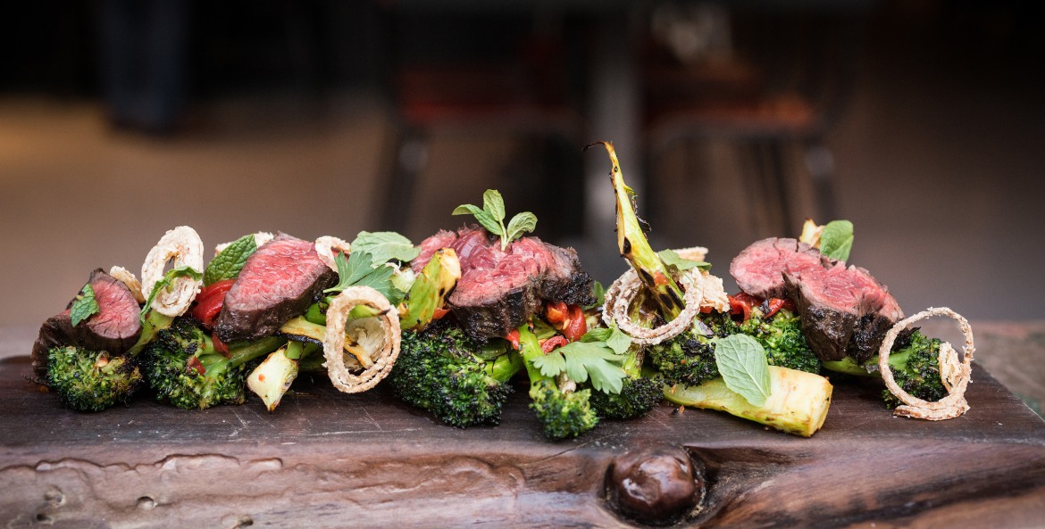 The Lark's prime grilled hanger steak served with onion, broccoli and herbs in Santa Barbara, picture