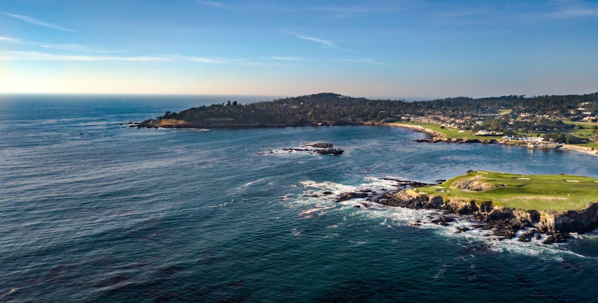 An aerial view of Pebble Beach Golf Course, image