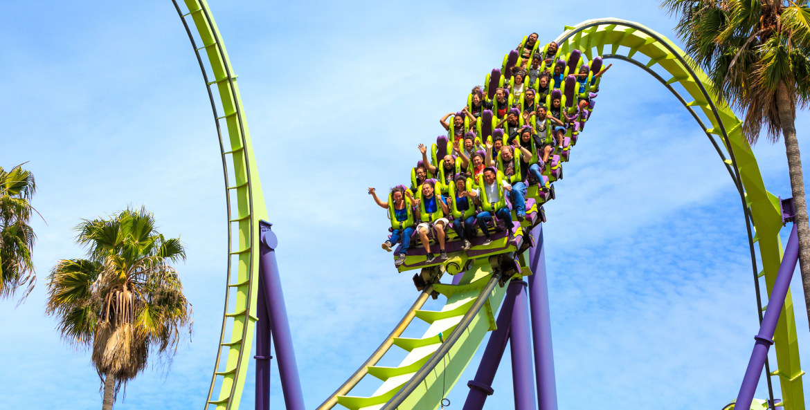 roller-coaster riders enjoying the ride at Six Flags in Vallejo, California, image