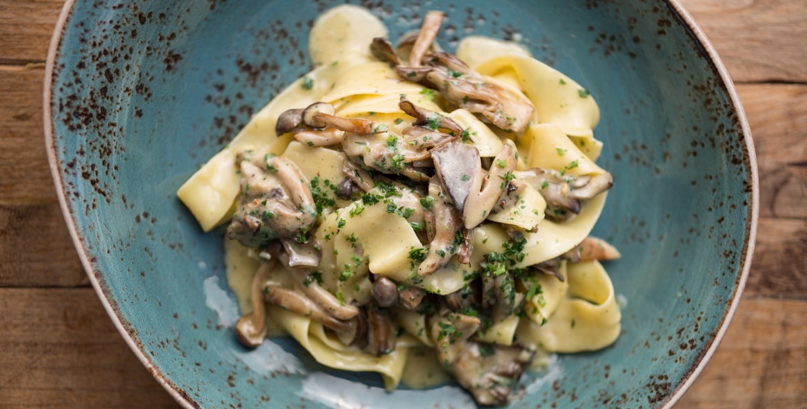 plate of wild mushroom pappardelle at S.Y. Kitchen in Santa Ynez, Calif., picture