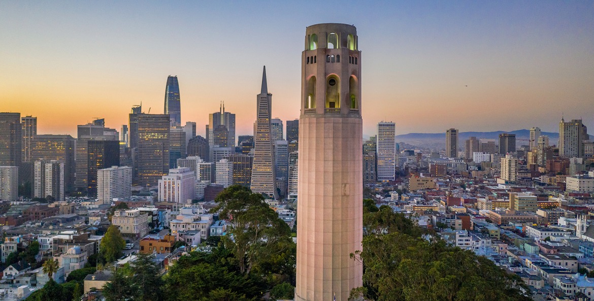 Coit Tower overlooks downtown San Francisco at dawn, picture