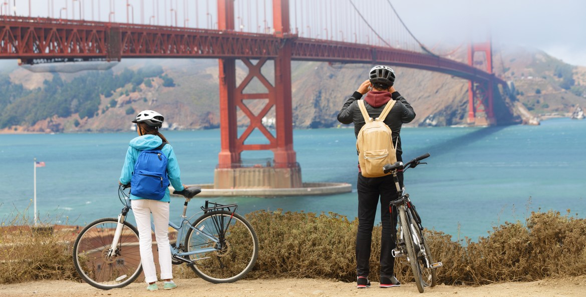 Bike Tour Tourists at San Francisco Golden Gate Bridge, picture
