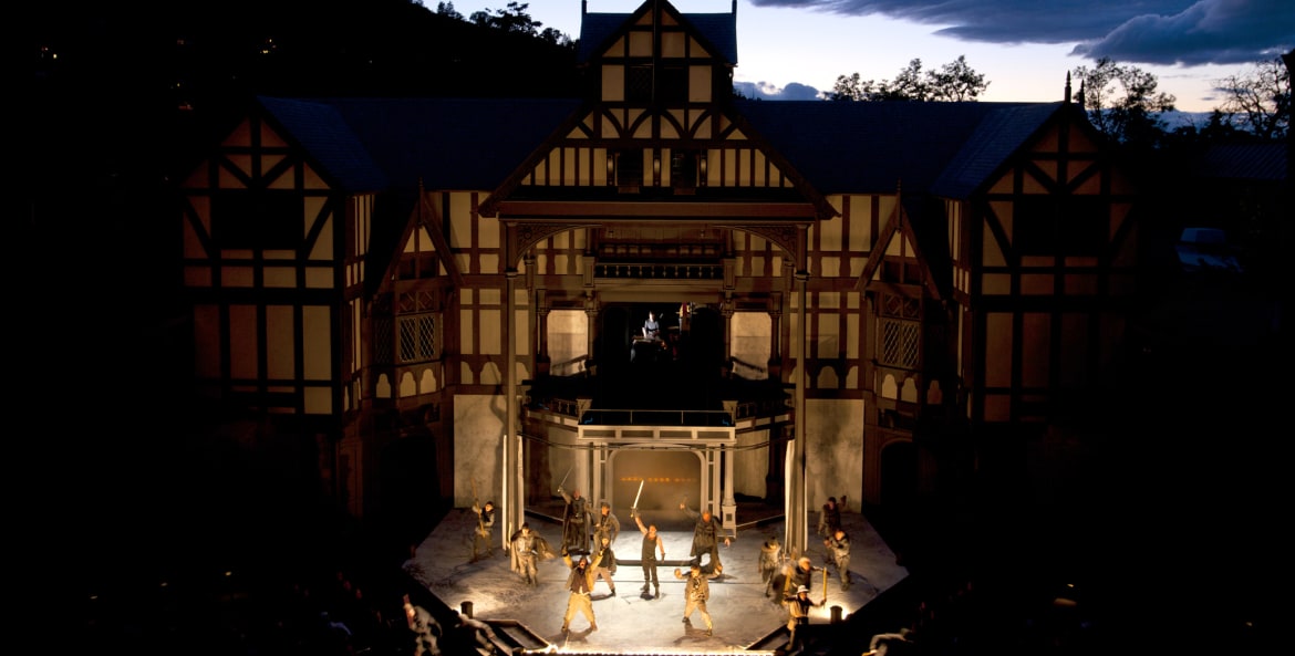 Allen Elizabethan Theatre's outdoor stage at dusk in Ashland, Oregon, picture