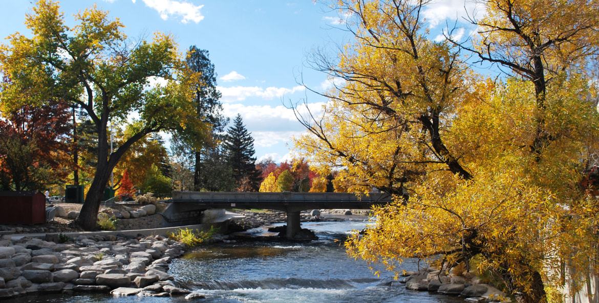 The Truckee River with fall leaves at the Riverwalk in Reno, NV, image