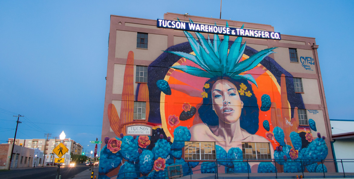 Goddess of Agave mural overlooks the street in Tucson.