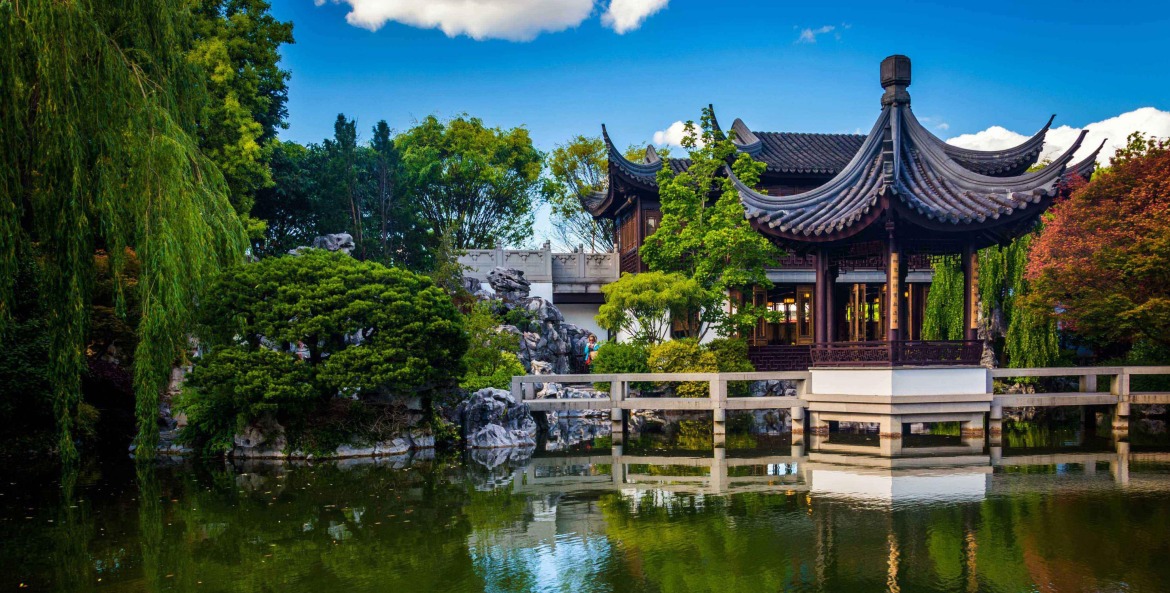 picture pond and pagoda at the Lan Su Chinese Garden in Portland, Oregon
