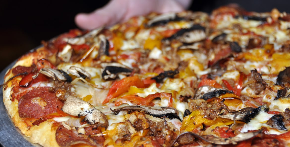 the Fireside pizza with Italian sausage, pepperoni, onions, peppers and mushrooms at Fireside Pizza Company in Lake Tahoe