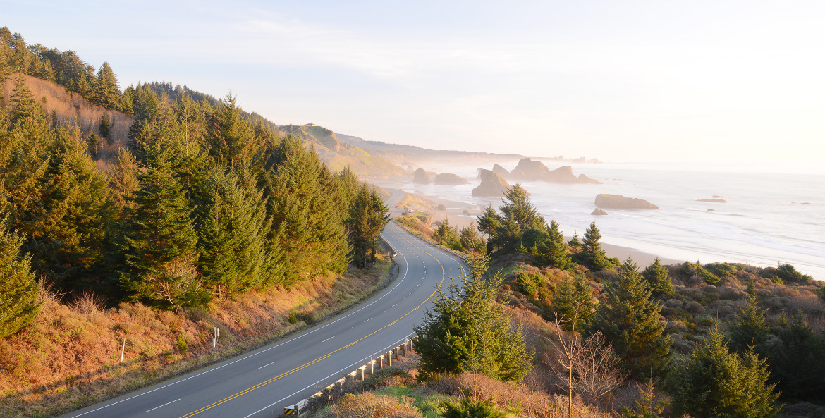Highway 101 winds past pine and cedar trees along southern Oregon's rocky coast, picture