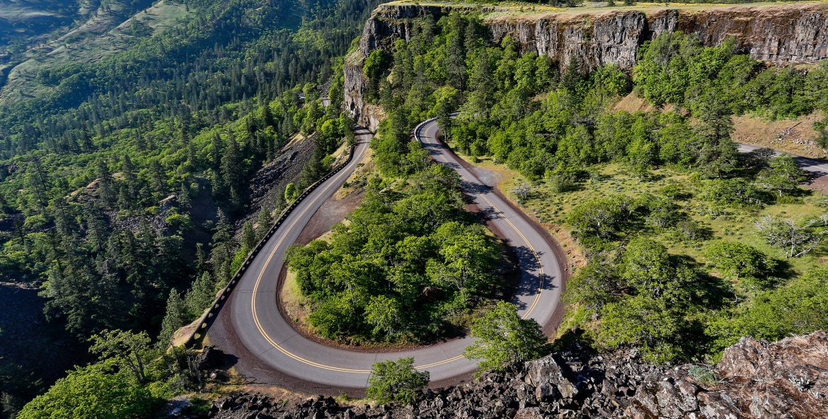 A horseshoe bend at Rowena Crest can test a driver's mettle.