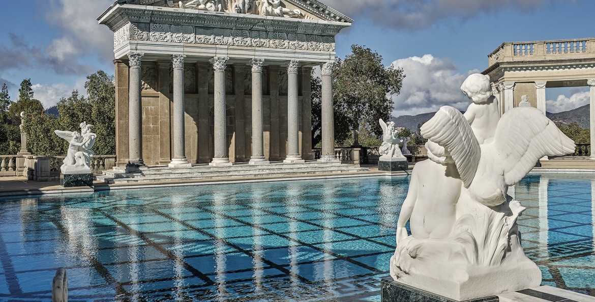 the newly reopened Neptune Pool at Hearst Castle with marble statuettes in California, picture