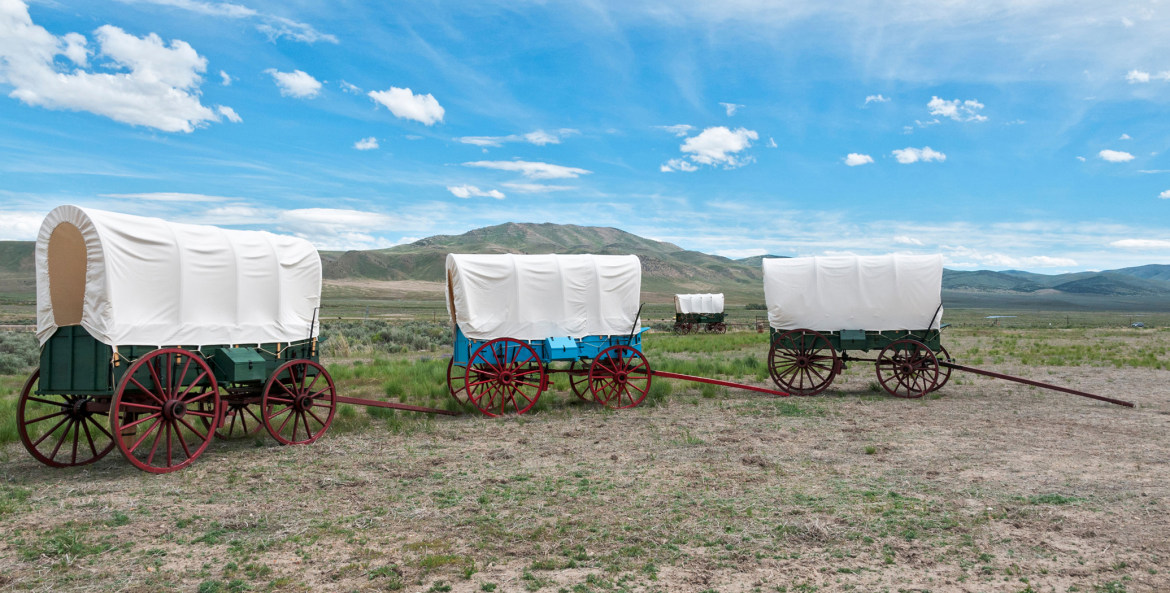 covered wagons at California Trail Interpretive Center in Elko, Nevada.