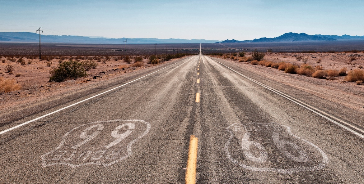 empty Route 66 through the desert, photo