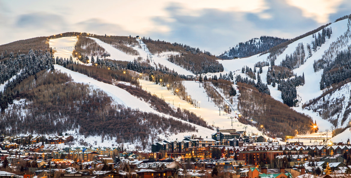 Park City, Utah hill lit up for night skiing, image