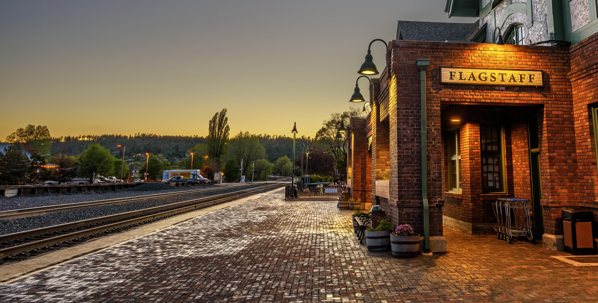 Historic train station in Flagstaff, Arizona, at sunset, picture