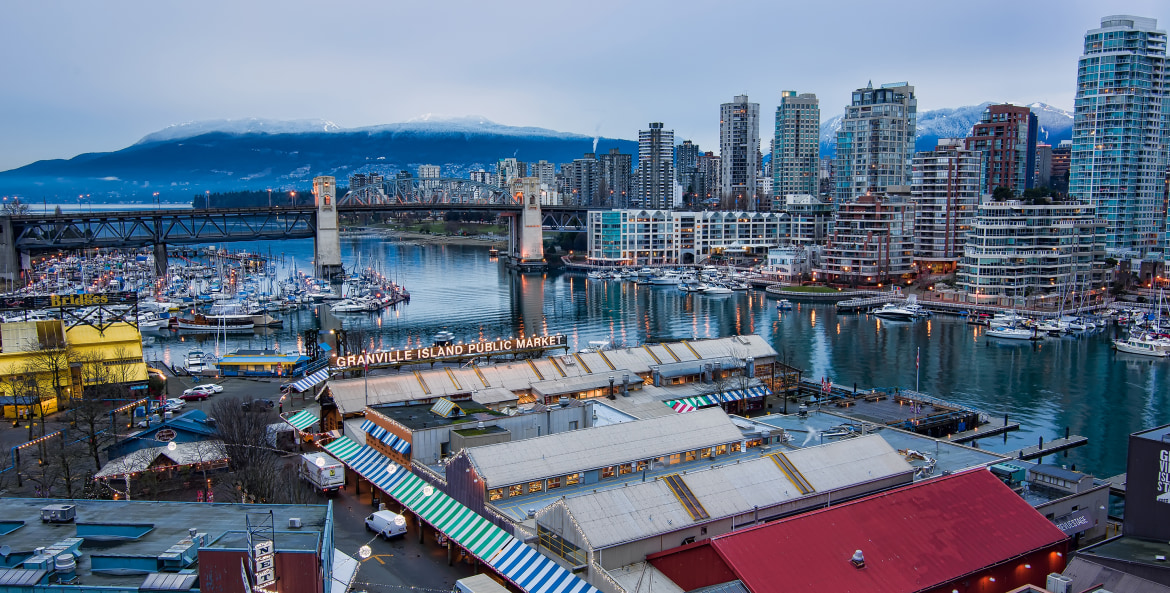 Granville Island Public Market glows in the dusk, Vancouver, British Columbia, image