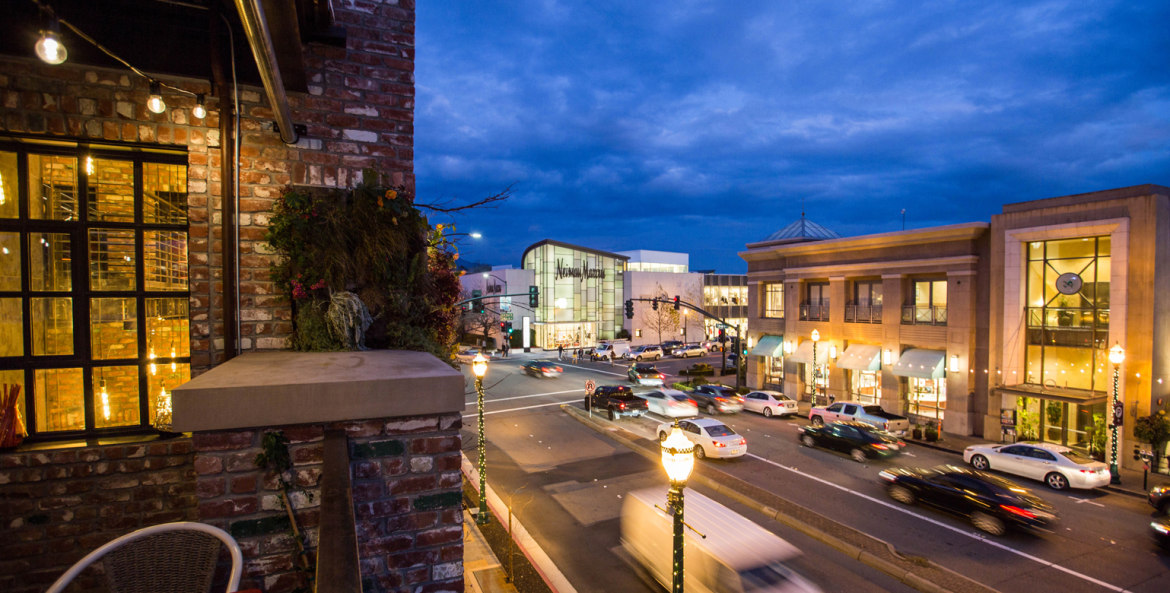 View of Broadway Plaza shopping area in Walnut Creek, California, after dark, photo
