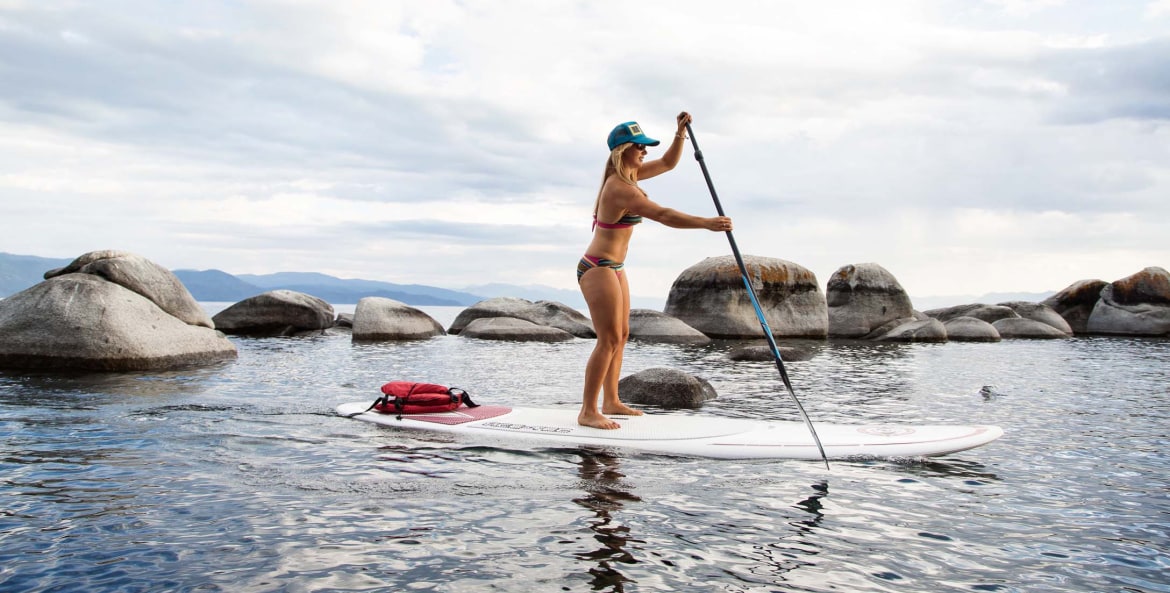 woman stand-up paddle boarding on Lake Tahoe, picture