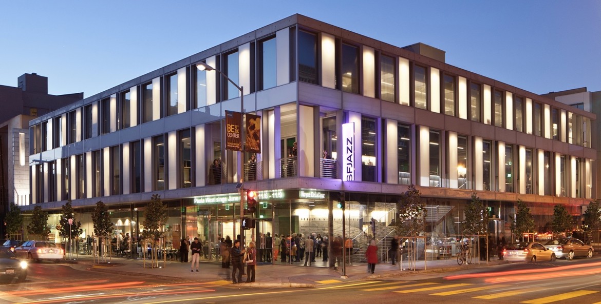 picture of the SFJAZZ Center in San Francisco at night with crowds outside