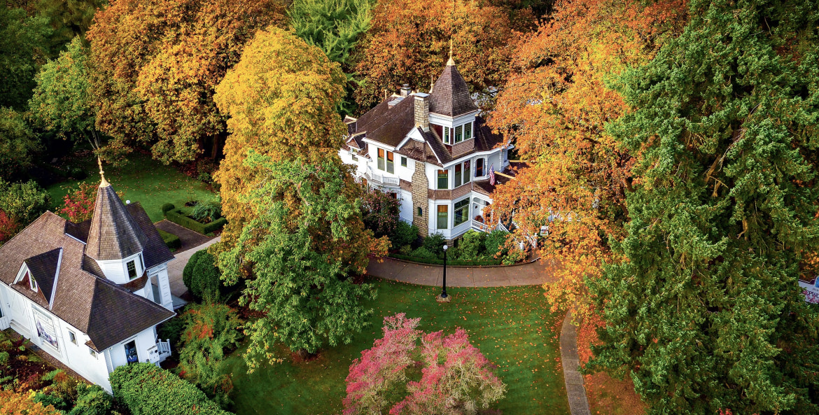 aerial view of Salem, Oregon's Deepwood Museum and its gardens in autumn