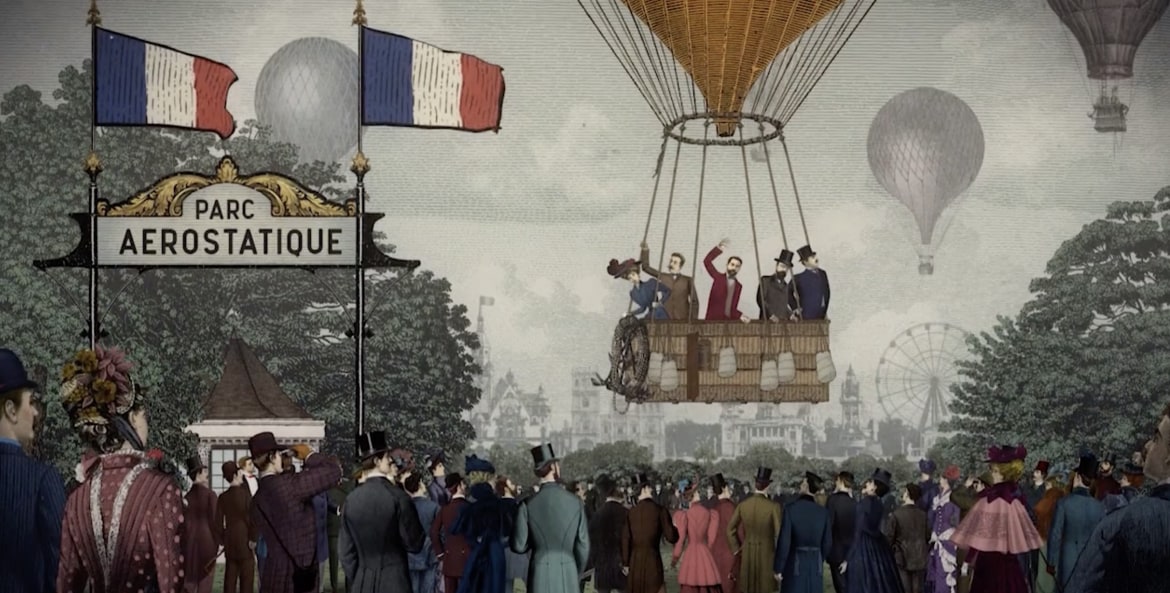 film still from The Unforgettable Augustus Post showing illustration of Augustus Post with one woman and three men ascending in balloon before crowd at Parc Aérostatique in Paris, picture