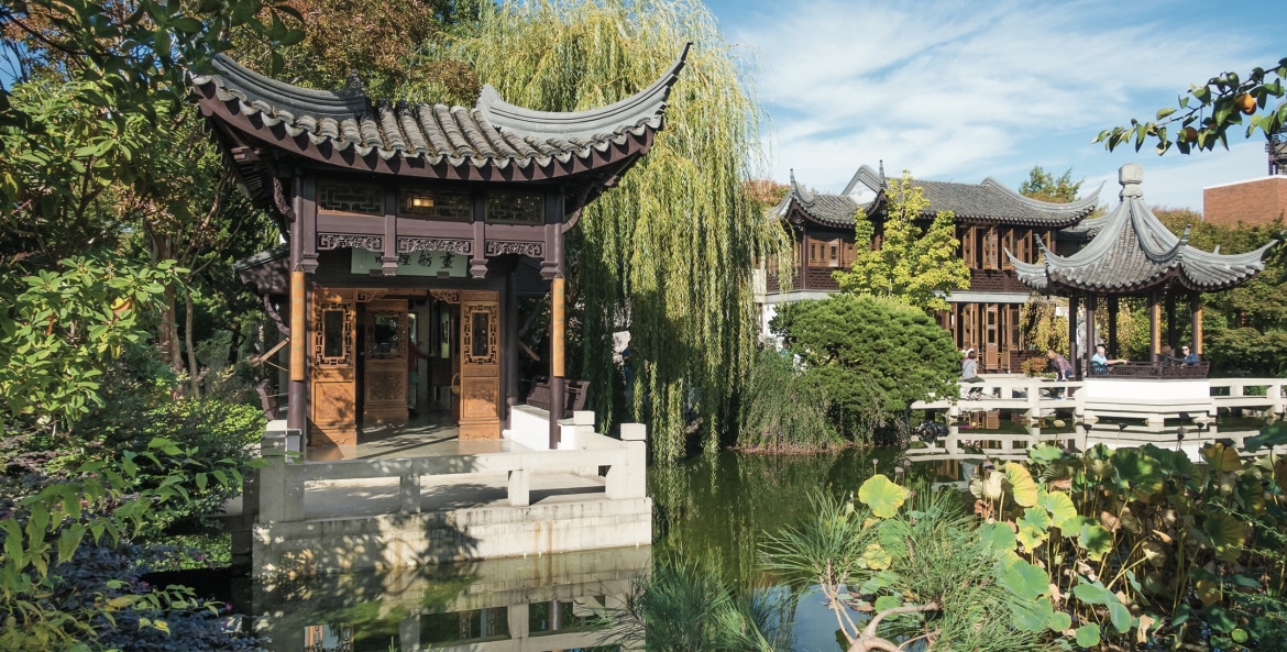 pavilions on Lake Zither at Lan Su Chinese Garden in Portland Oregon, picture
