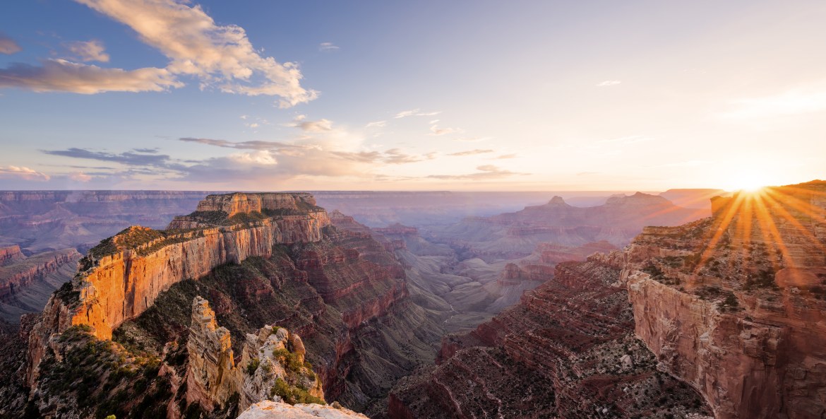 Sunset view from the overlook on Cape Royal in Grand Canyon North Rim in the Grand Canyon, image