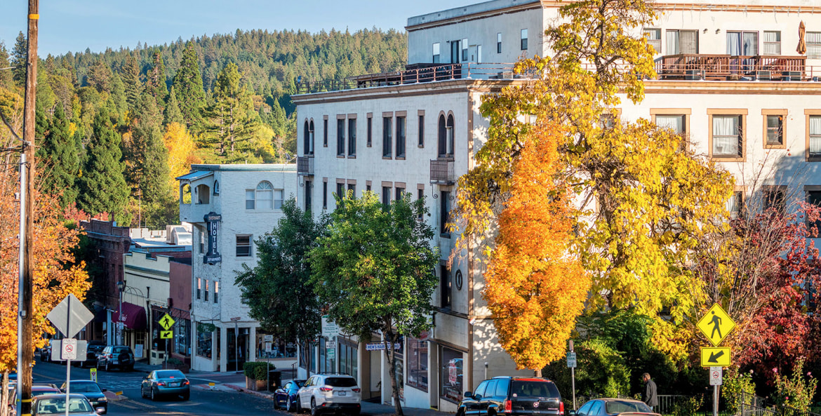 dogwoods and maples brighten Grass Valley's Main Street with fall color in California's Gold Country