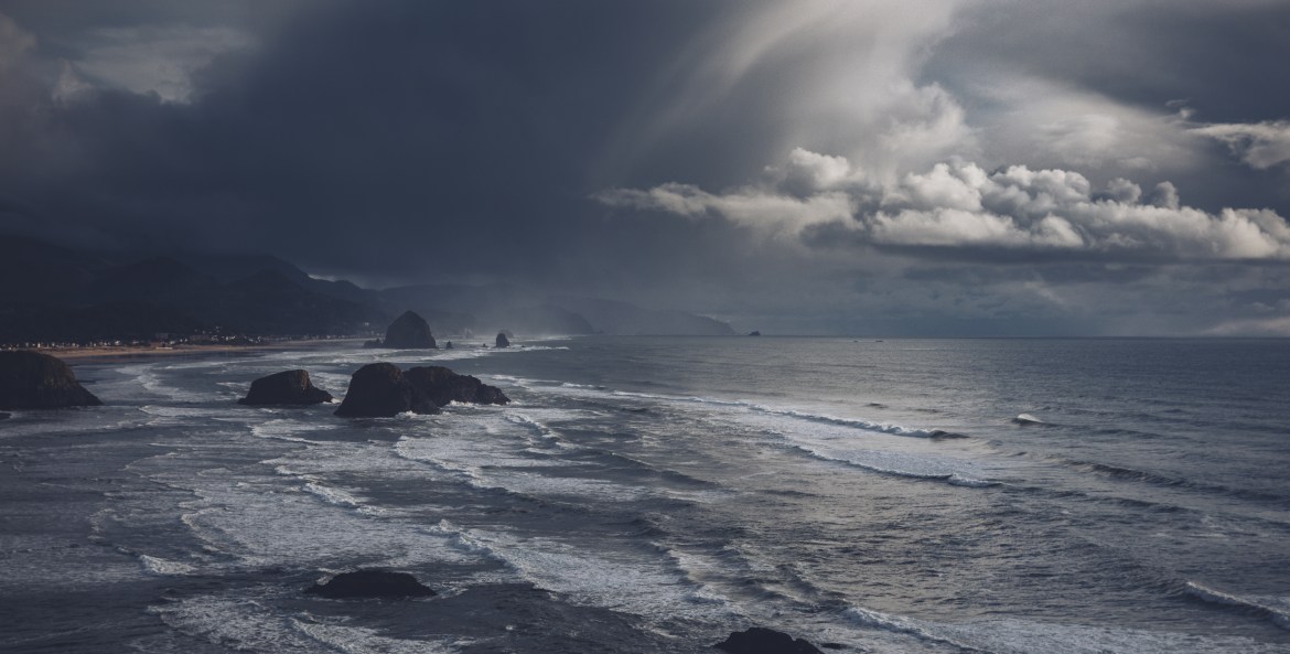storm approaching the coast at Cannon Beach, Oregon