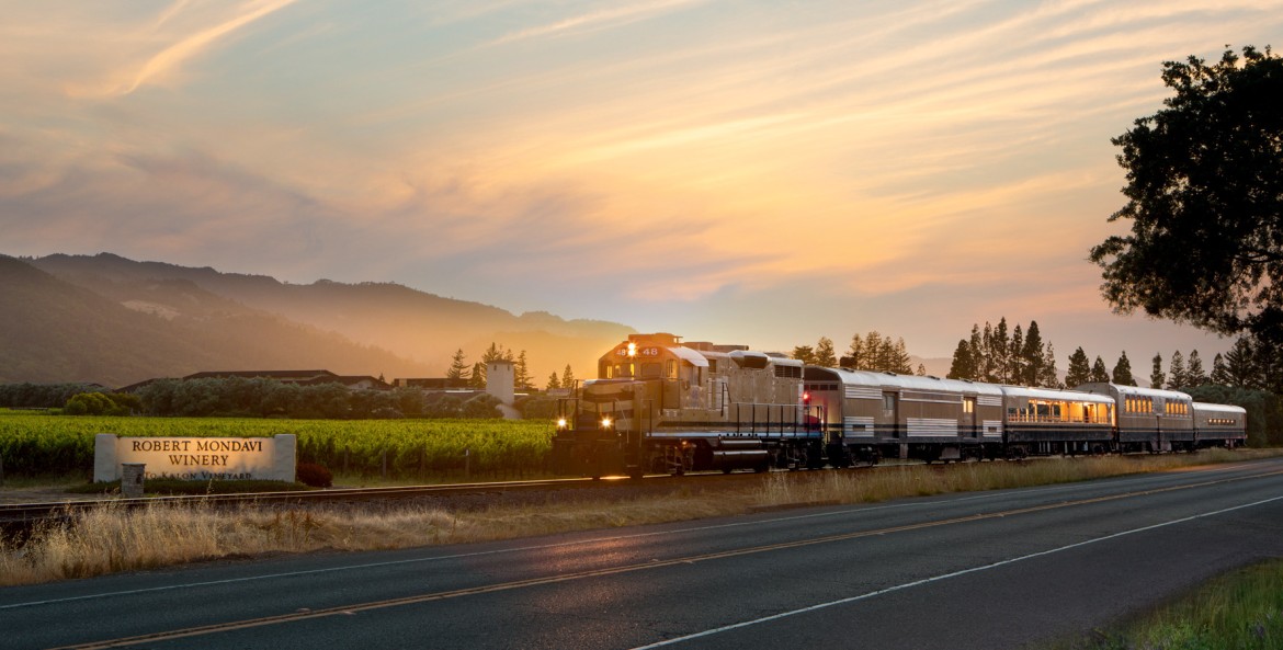The Wine Train passes the Robert Mondavi Winery's To Kalon vineyard during late afternoon in Oakville, California