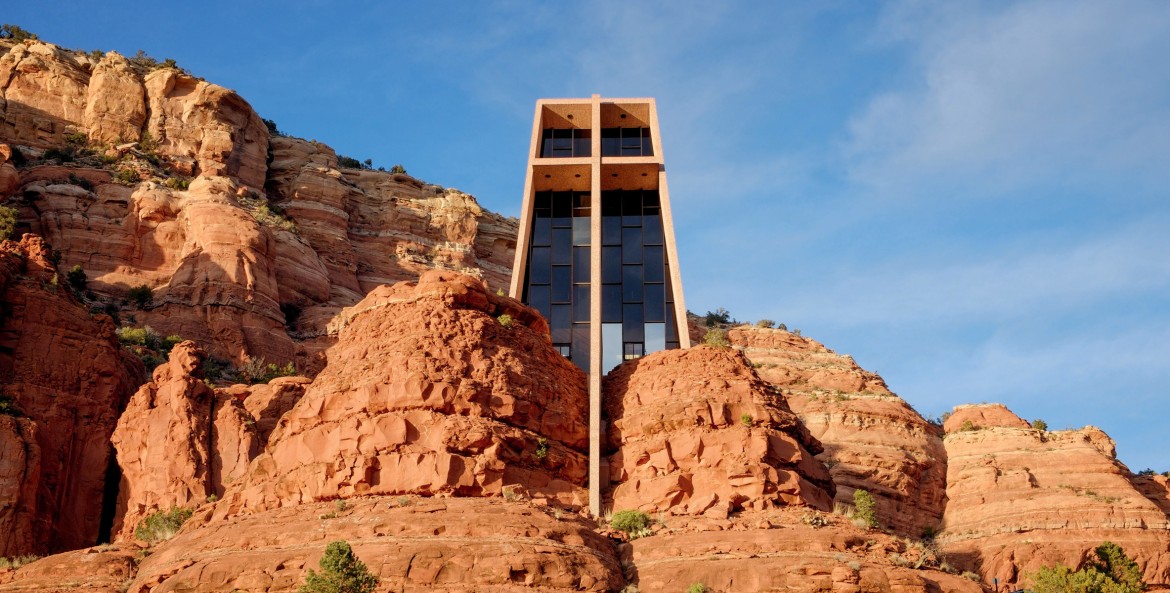 Chapel of the Holy Cross in Sedona, Arizona, with blue sky in the background