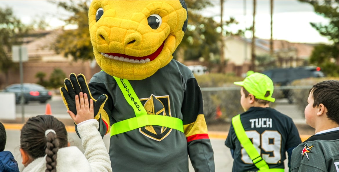 Chance the Vegas Golden Knights hockey mascot at a AAA school safety patrol event