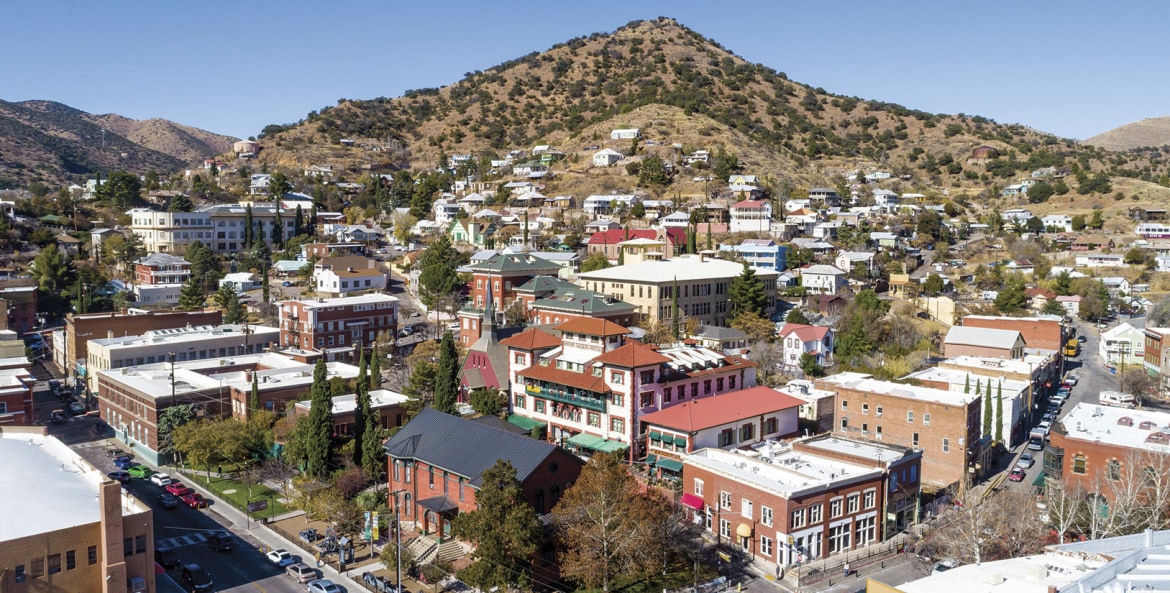 Elevated view across downtown Bisbee, Arizona, on a clear, cloudless day
