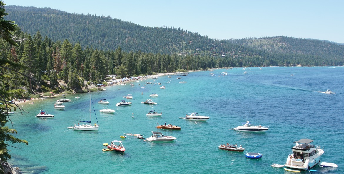 Boats at Lester Beach in Lake Tahoe.