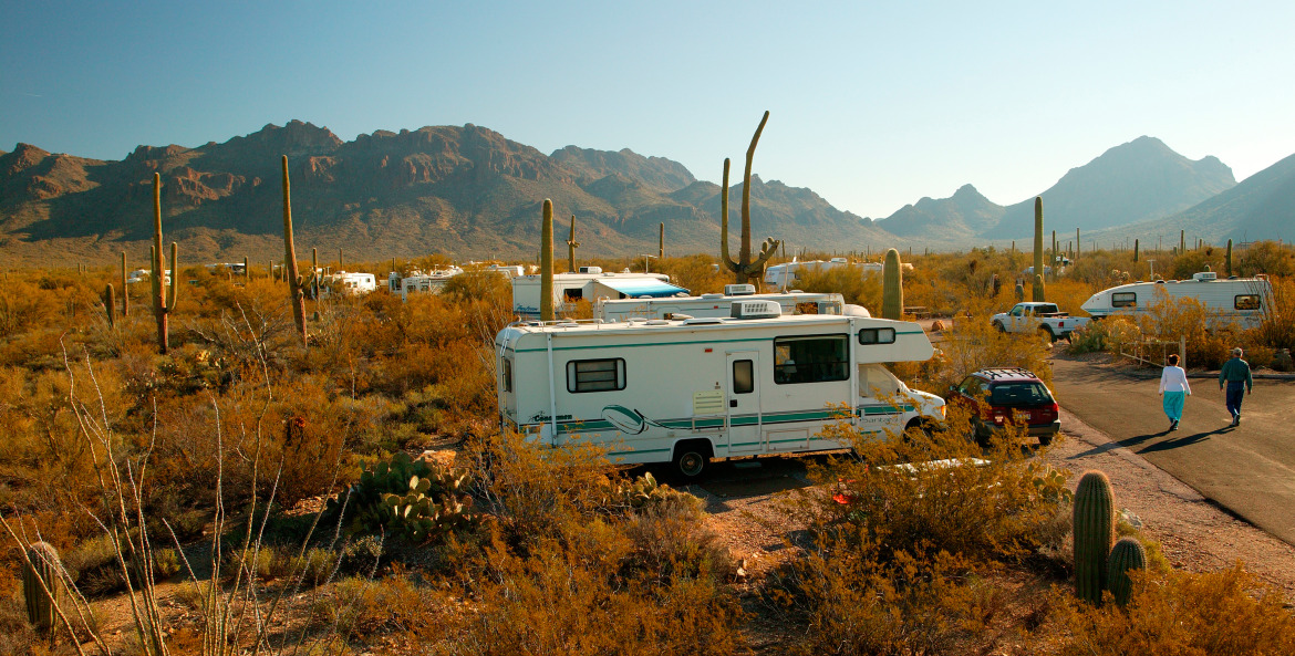 An RV parked at a campsite at Gilbert Ray Campground in Tucson Mountain Park.