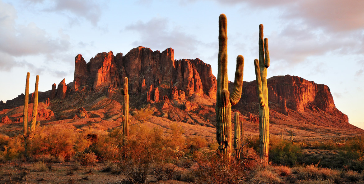 Fiery-red Superstition Mountains in Arizona.