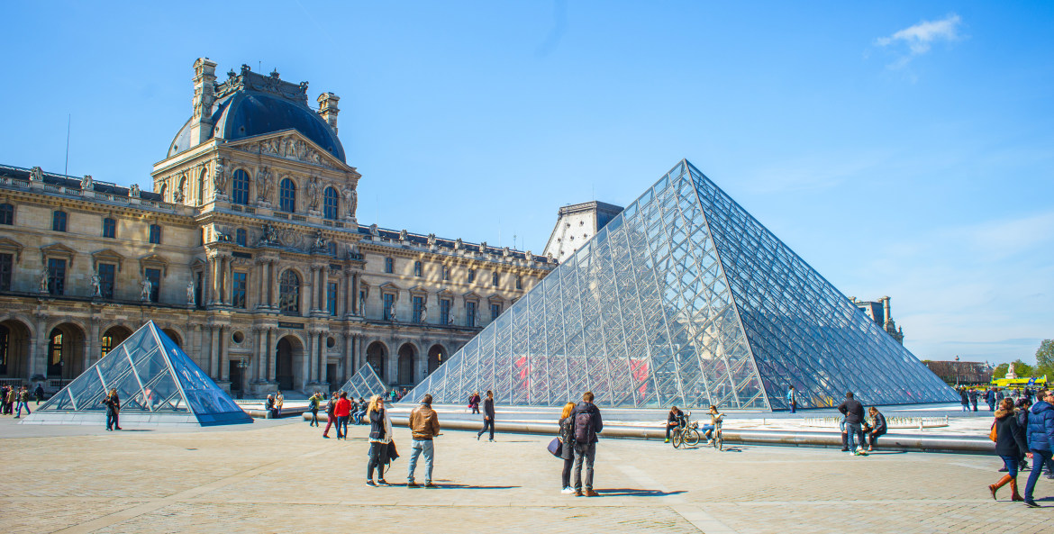 Glass pyramids outside the Louvre in Paris.