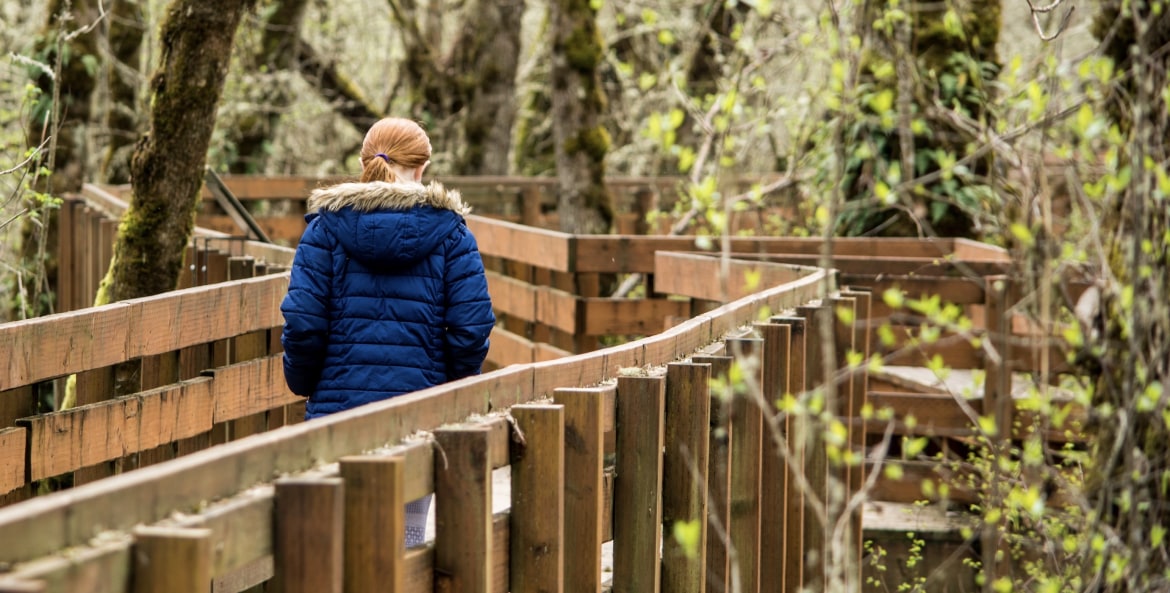 picture of a woman walking along the muddy creek boardwalk in the william l. finely wildlife refuge