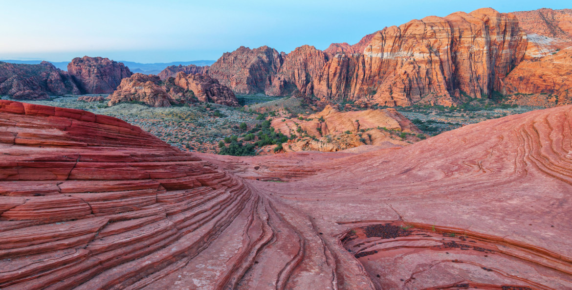 Pink and orange rock formations in Utah's Snow Canyon State Park.