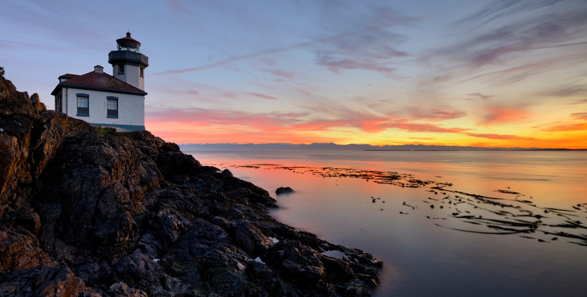 View toward the Olympic Mountains from Lime Kiln Lighthouse, San Juan Island, Washington.
