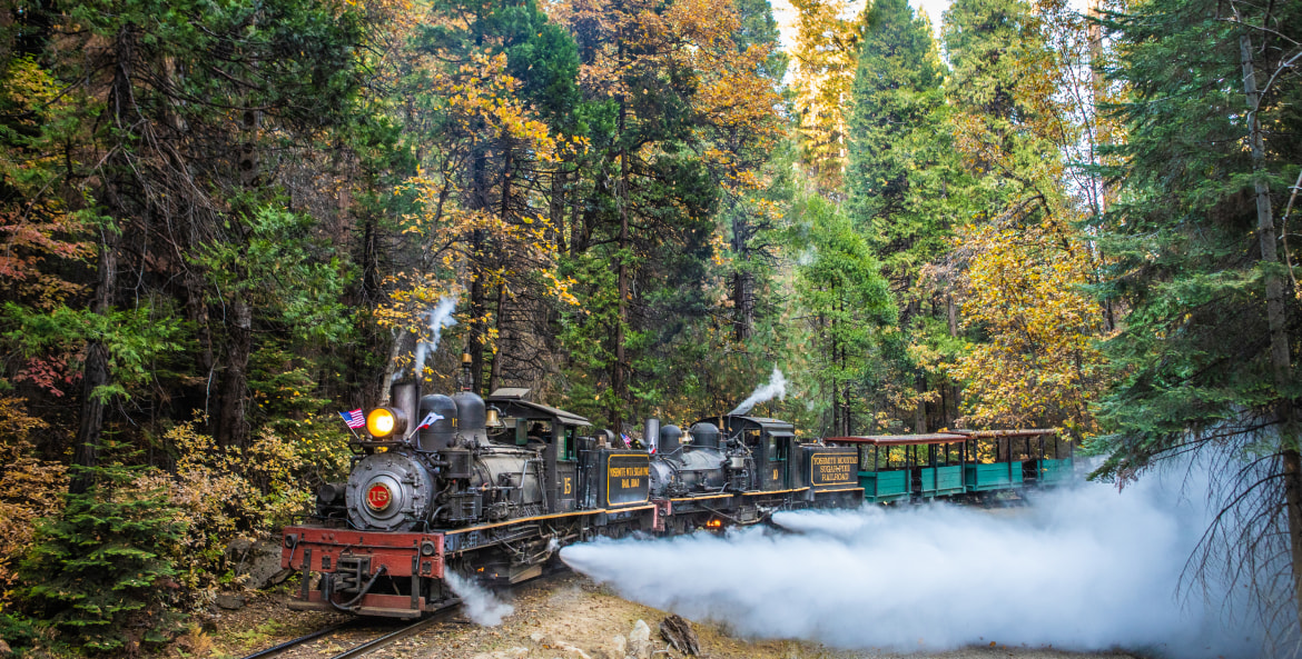 A small, historic steam train on the rails at Yosemite Mountain Sugar Pine Railroad in California.