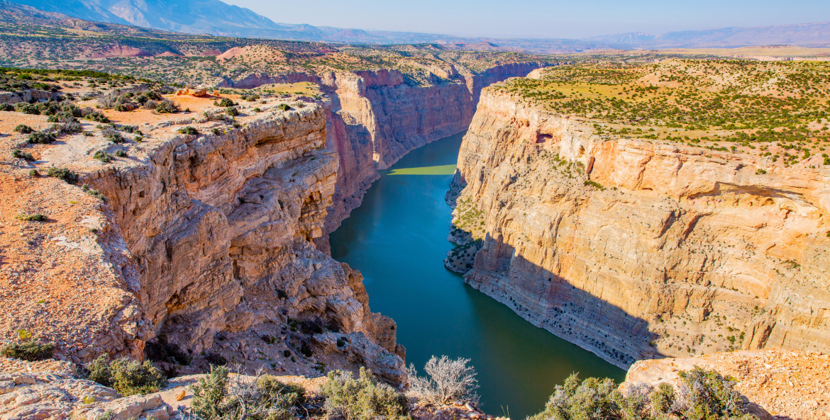 Bighorn River cuts through the steep canyon walls in Bighorn Canyon National Recreation Area.