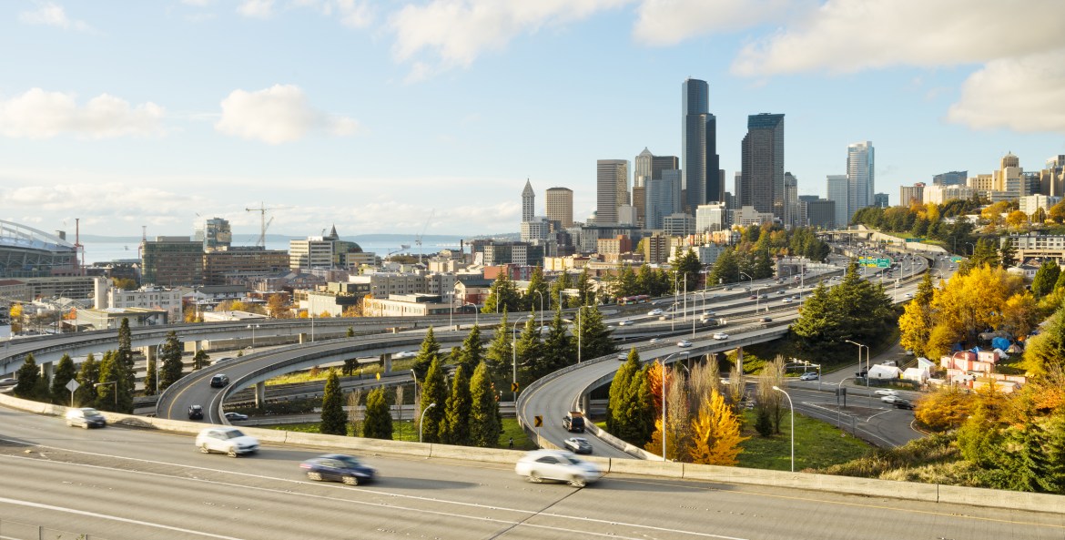 Highway interchanges cross Seattle.