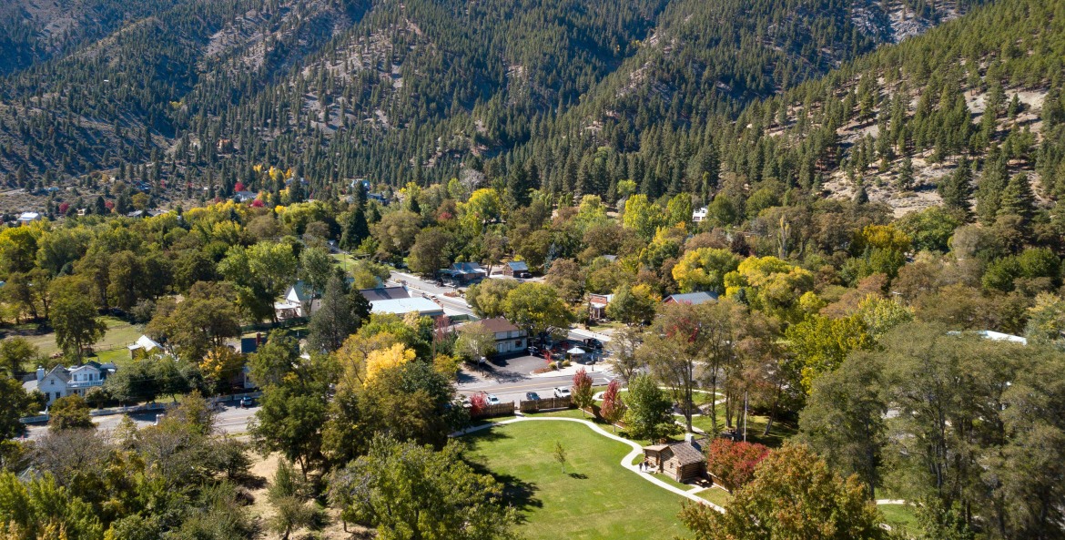 Aerial view of Genoa, Nevada and Mormon Station State Park.