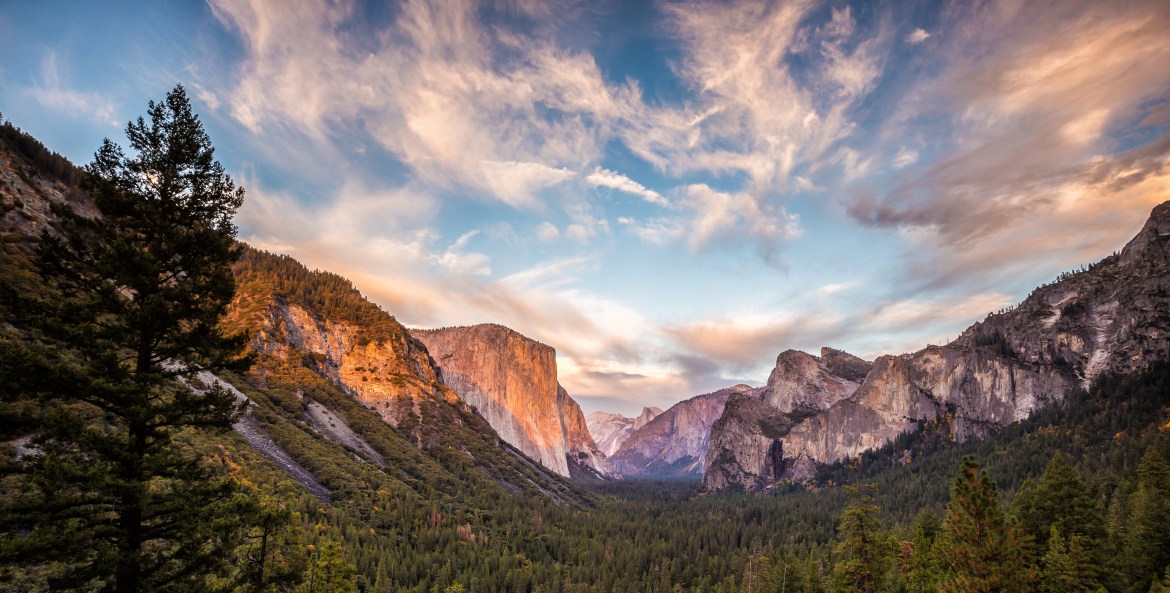 Yosemite Valley on a clear day at sunrise or sunset.